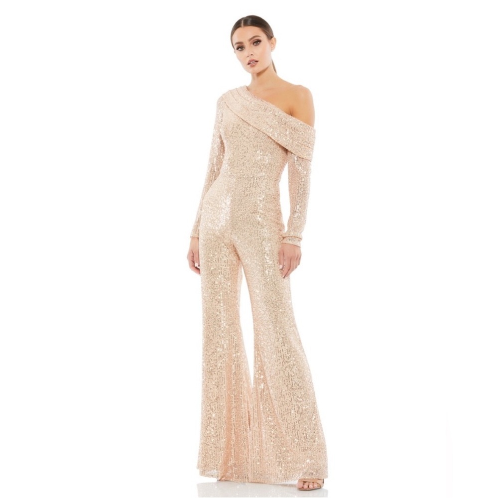NWT Mac Duggal 26596 Sequined Drop Shoulder Long Sleeve Jumpsuit Rose Gold 2